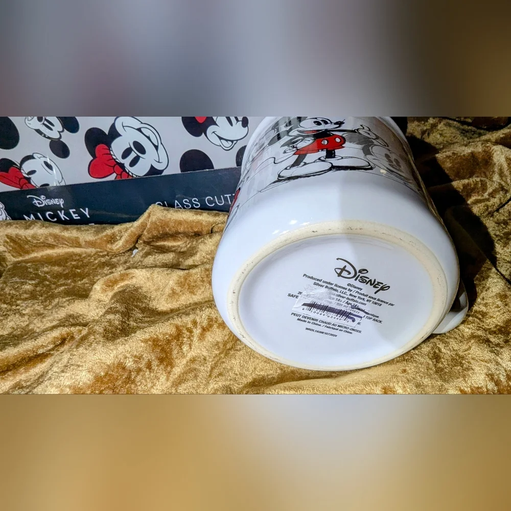 NWT Two Disney Mickey Mouse Mugs and Glass Cutting Board Set - Red, Black, White - Picture 2 of 8